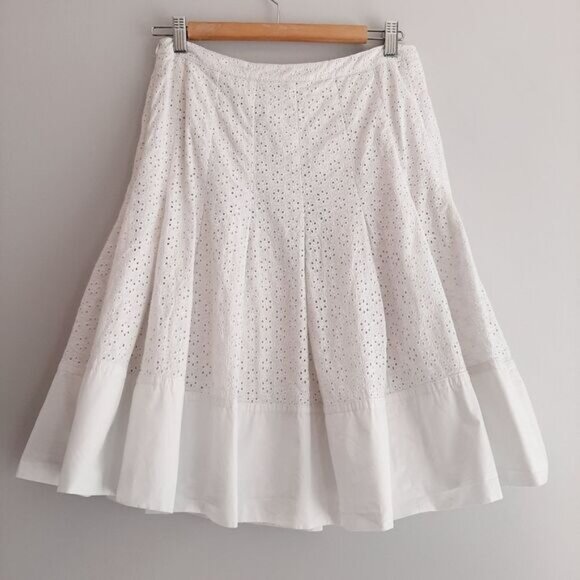 ESPRIT 100% Cotton Floral Eyelet Pleated Knee Length Skirt White Sz 4 - Picture 9 of 15